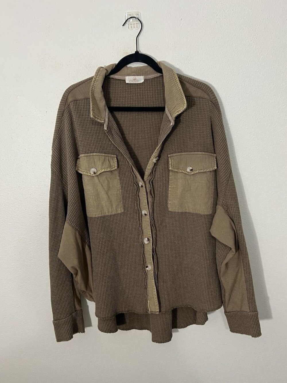 Sunland 17 Tan Brown Waffle Knit Long Sleeve Shirt Size Large Distressed Boho